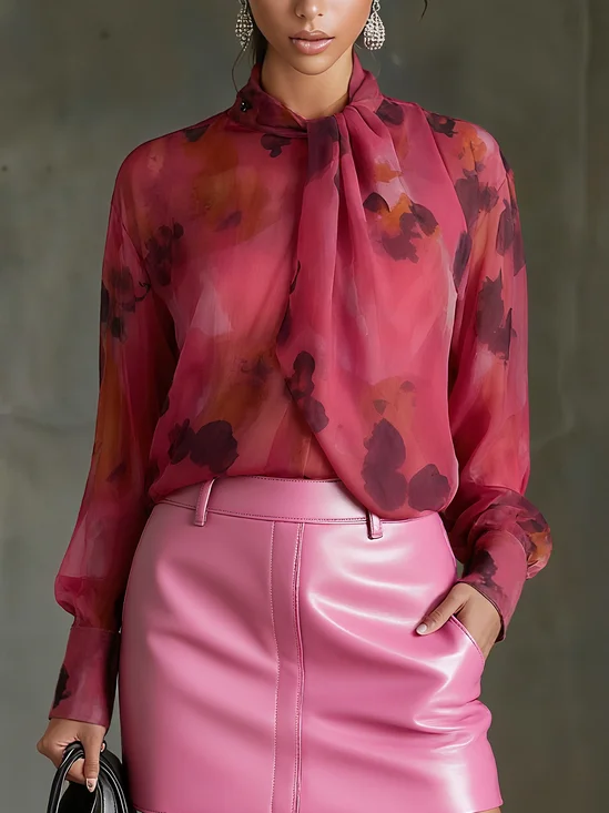 Elegant Random Print Printing Stand Collar Shirt