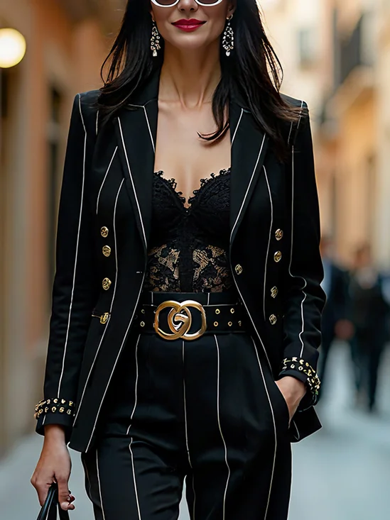 Urban Buttoned Striped Lapel Collar Blazer