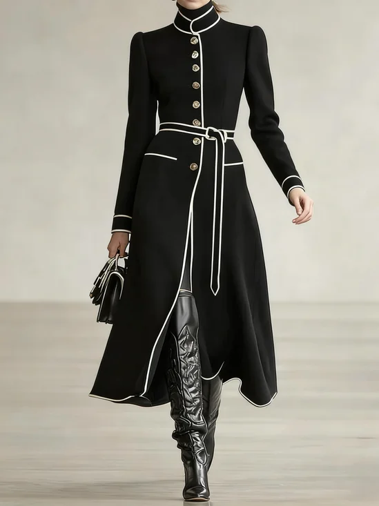 Urban Color Block Stand Collar Coat With Belt