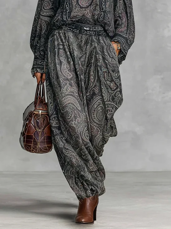 Casual Paisley Printing Ankle Banded Pants