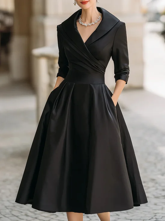 Elegant Plain Ruched Shawl Collar Midi Dress