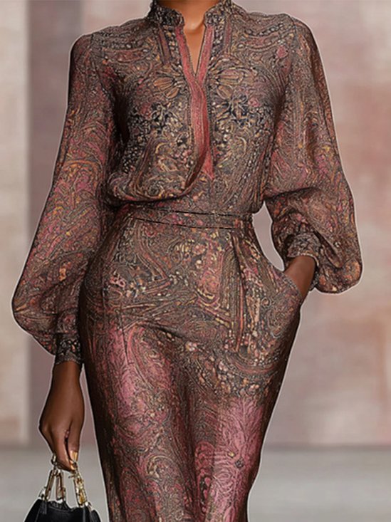 Casual Ethnic Printing Stand Collar Balloon Sleeve Blouse