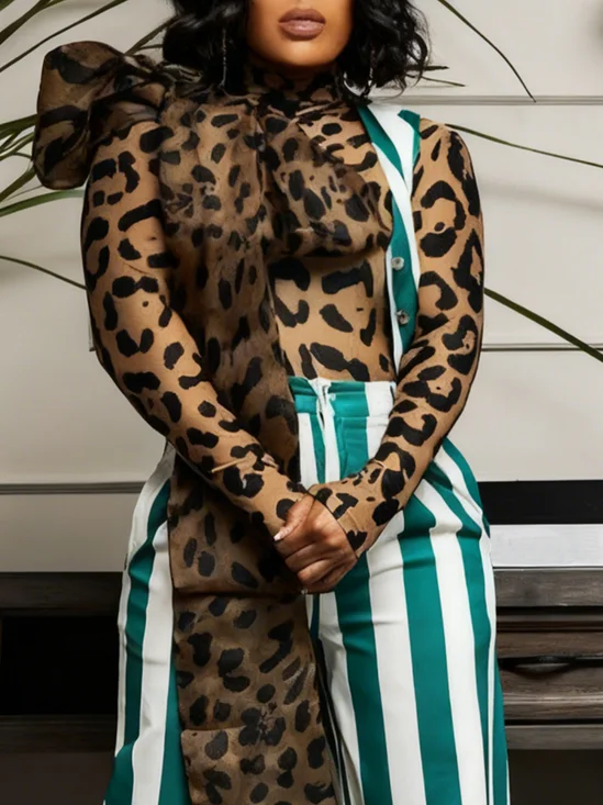 Casual Leopard Printing Mock Neck T-shirt With Scarf