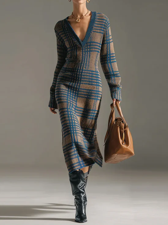 Urban Plaid V Neck Maxi Sweater Dress