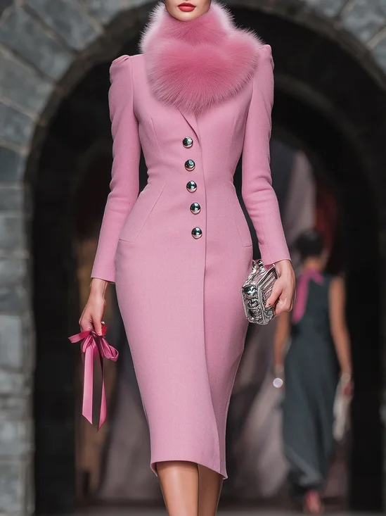 Elegant Buttoned Plain Lapel Collar Coat With Scarf