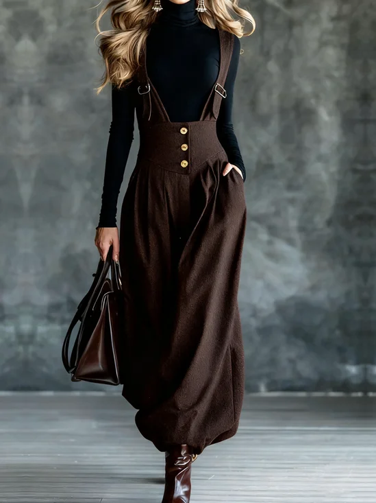 Casual Plain Square Neck Overall Bib Pants