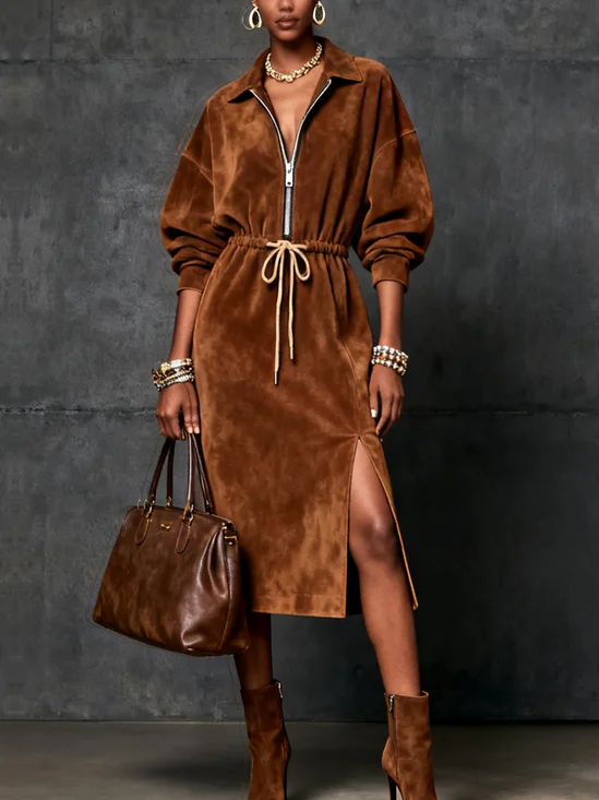 Urban Plain Suede Zipper  Midi Dress