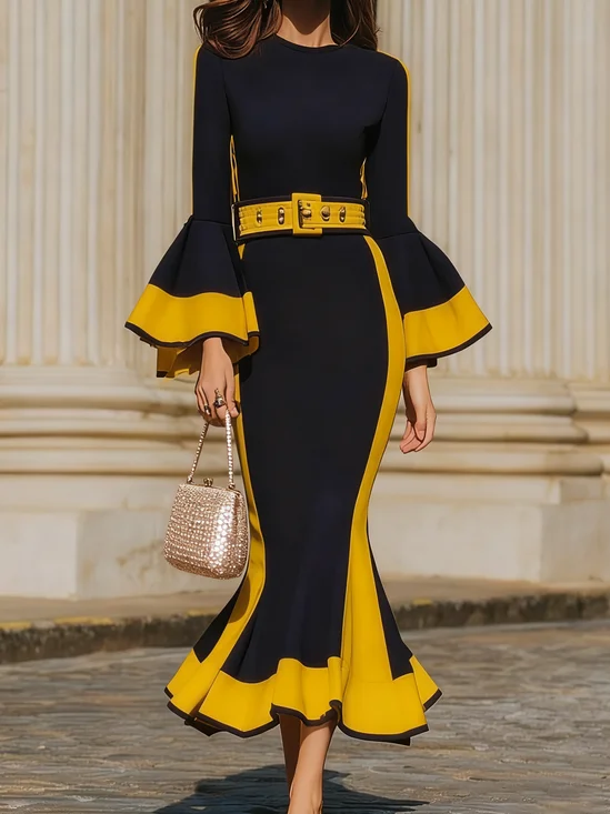 Elegant Color Block Crew Neck Maxi Dress With Belt
