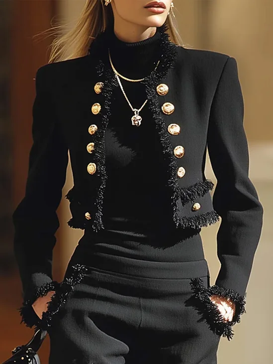 Urban Buttoned Tassel Plain Crew Neck Jacket