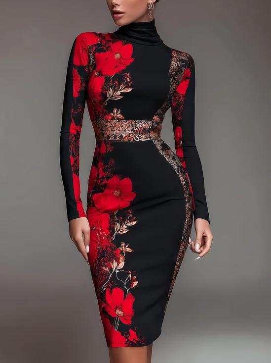 Elegant Floral Printing Stand Collar Midi Dress