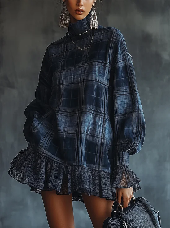 Casual Plaid Split Joint Stand Collar Mini Dress