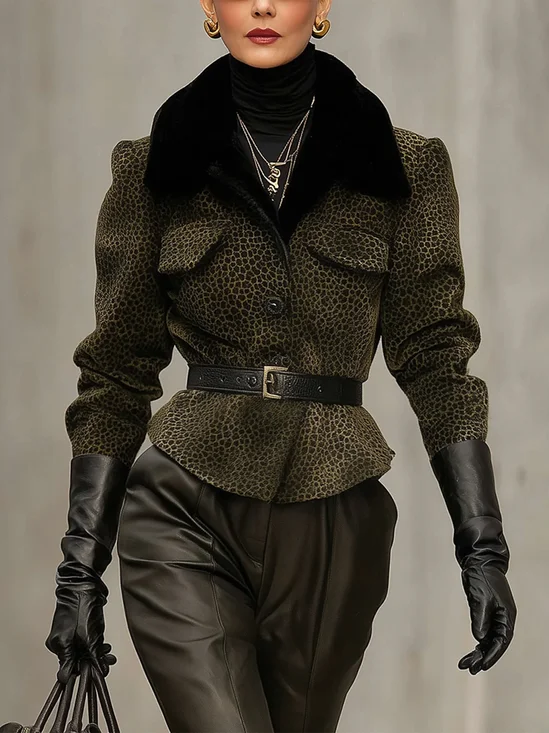Urban Printing Leopard Shawl Collar Jacket No Belt