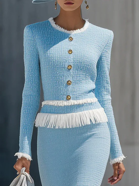 Tweed Elegant Plain Buttoned Crew Neck Tassel Blouse