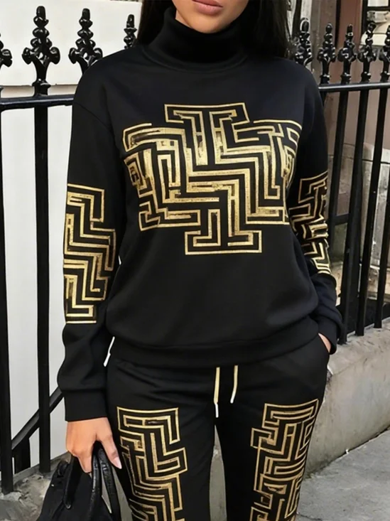 Casual Geometric Printing Turtleneck  Sweatshirt