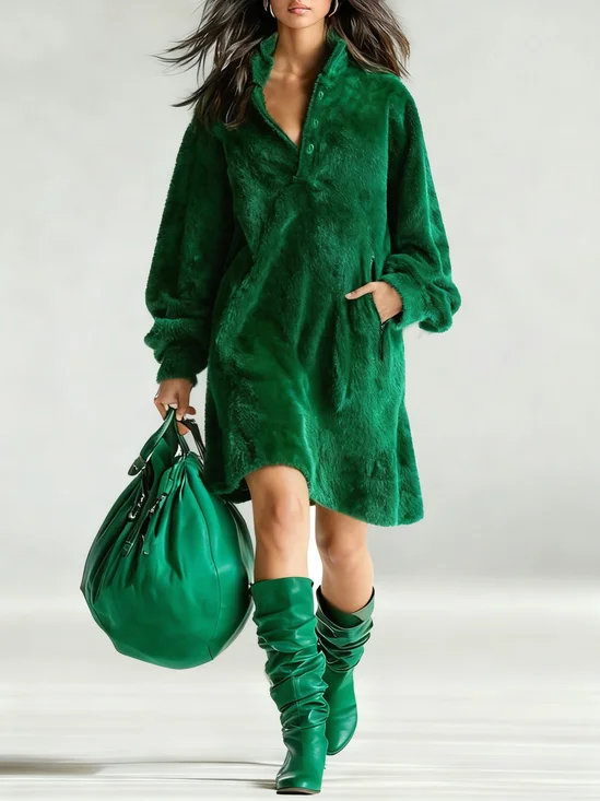 Urban Plain Balloon Sleeve Buttoned Midi Dress