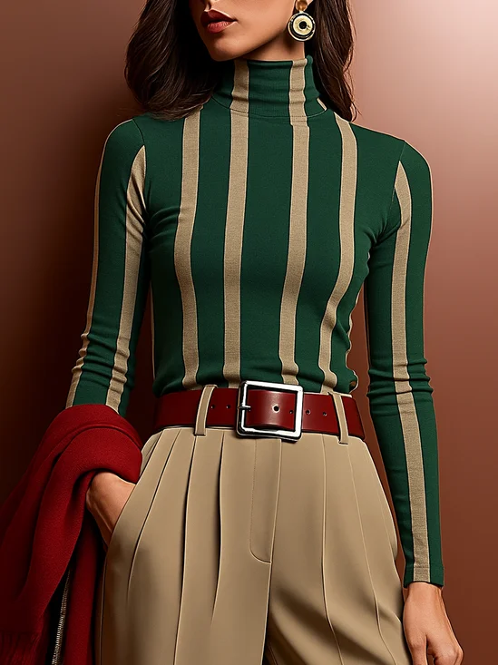 Urban Striped Printing Turtleneck T-shirt