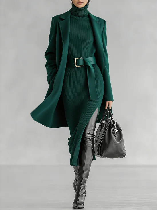 Urban Plain Lapel Collar Coat With Belt