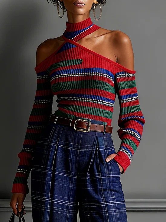 Urban Color Block Hollow Out Halter Sweater