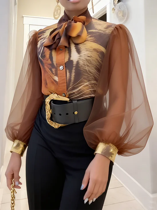 Elegant Random Print Printing Shirt Collar Balloon Sleeve Shirt