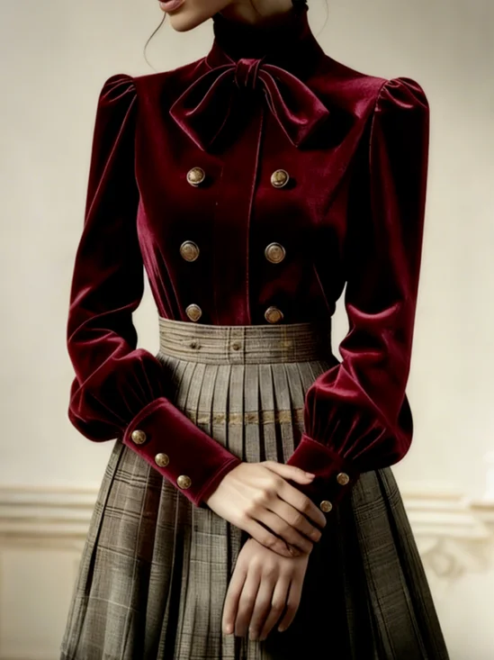 Velvet Elegant Plain Mock Neck Blouse
