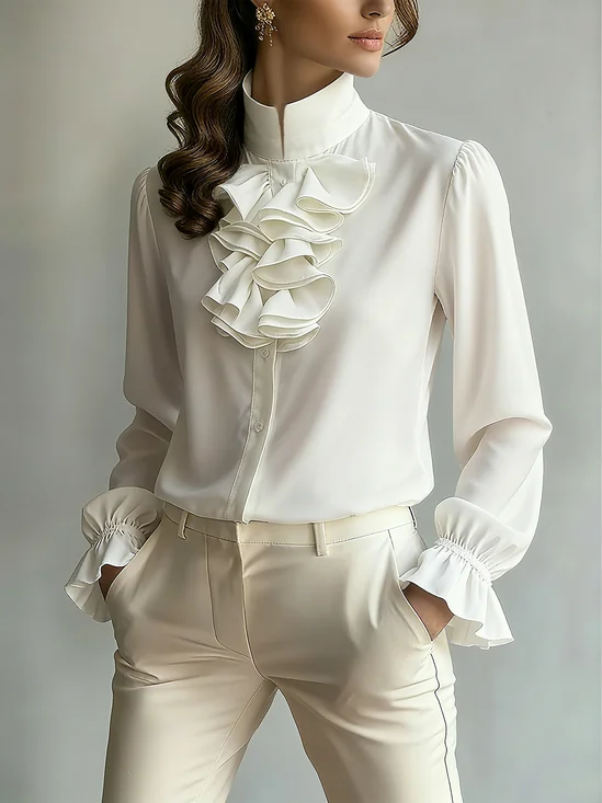 Cotton Urban Plain Peplum Lotus Leaf Collar Shirt
