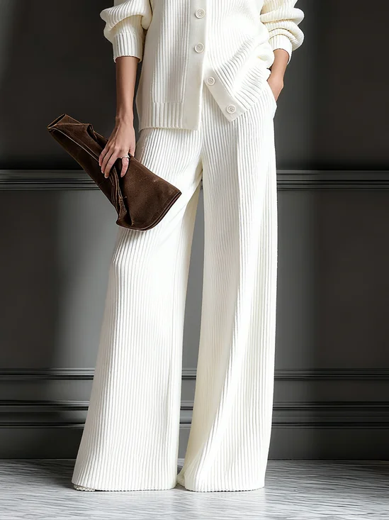 Casual Plain Sweater Wide Leg Pants