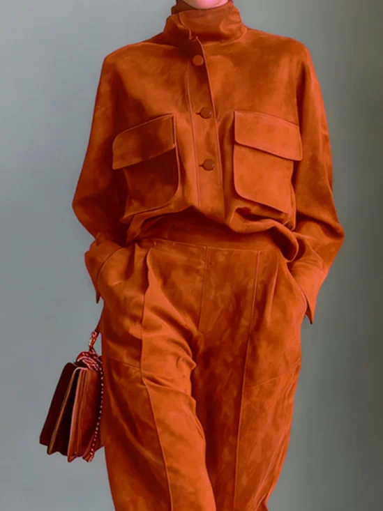 Suede Urban Plain Stand Collar Faux Leather Top