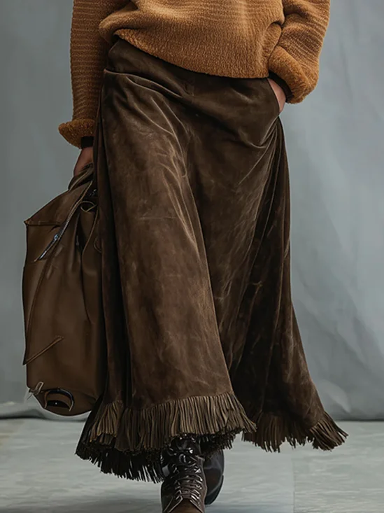 Urban Suede Tassel Plain Maxi Faux Leather Skirt