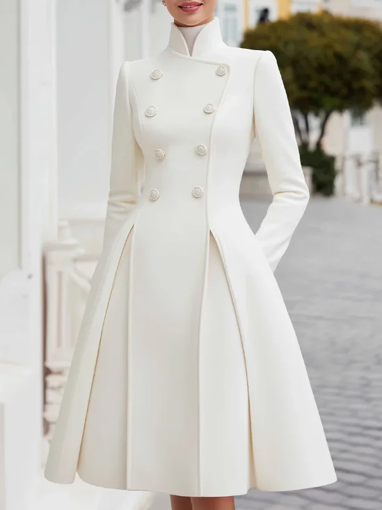 Elegant Plain Buttoned Stand Collar Midi Dress