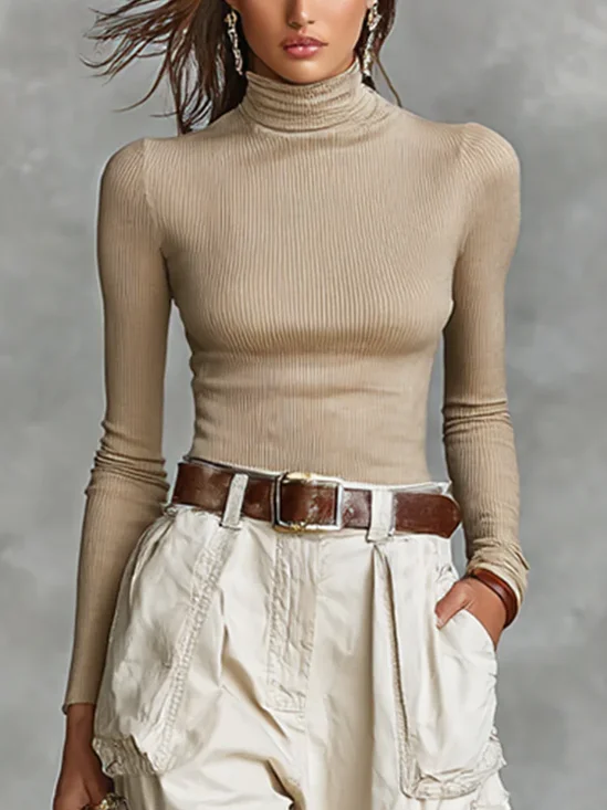 Knitted Casual Plain Turtleneck T-shirt