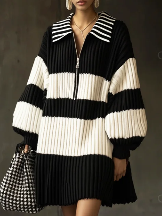 Casual Striped Shirt Collar Mini Sweater Dress No Belt