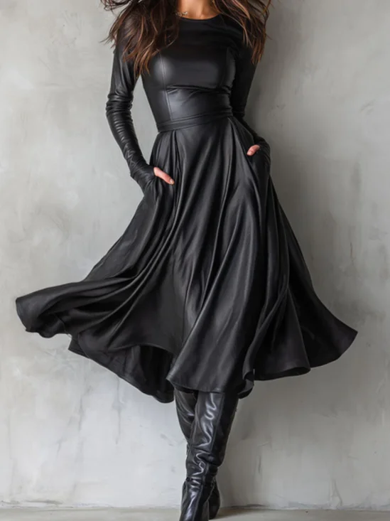 Elegant Plain Crew Neck Midi Dress