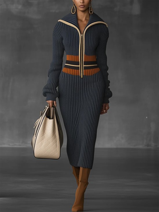 Casual Color Block Zipper Shawl Collar Sweater Midi Dress