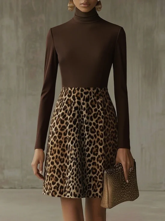 Urban Leopard Printing Turtleneck Knee Length Dress