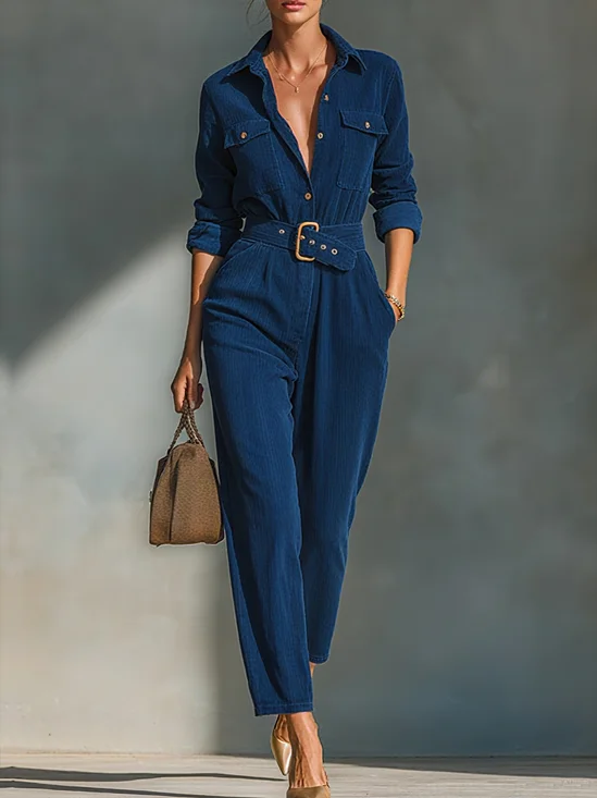 Urban Corduroy Plain Shirt Jumpsuit With Belt