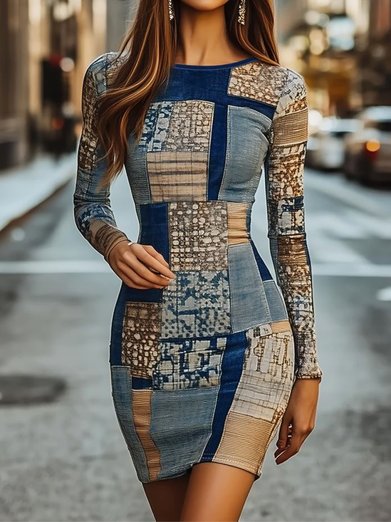 Elegant 3D Printing Printing Crew Neck Mini Dress