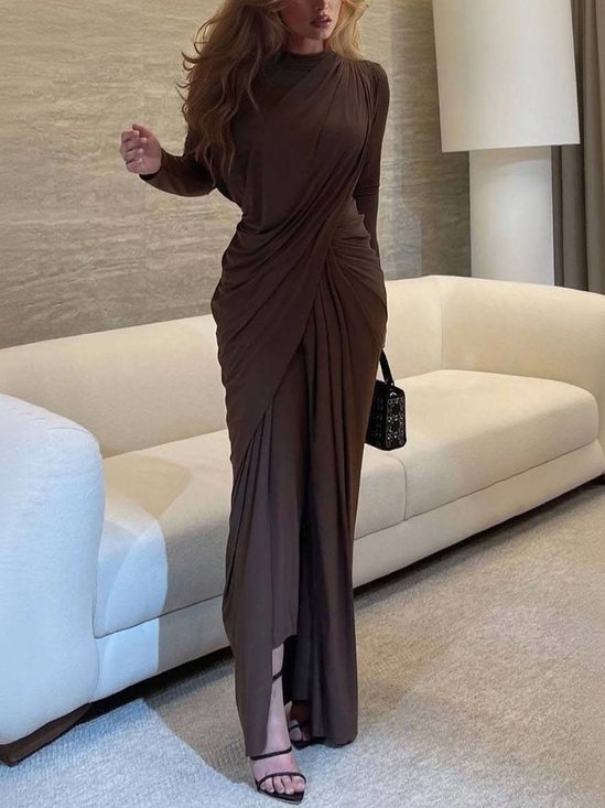 Elegant Plain Asymmetric Crew Neck Maxi Dress