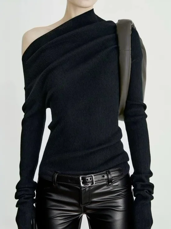 Knitted Casual Plain Boat Neck T-shirt