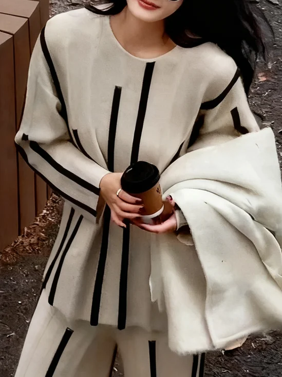 Casual Asymmetric Striped Crew Neck Loosen Sweater