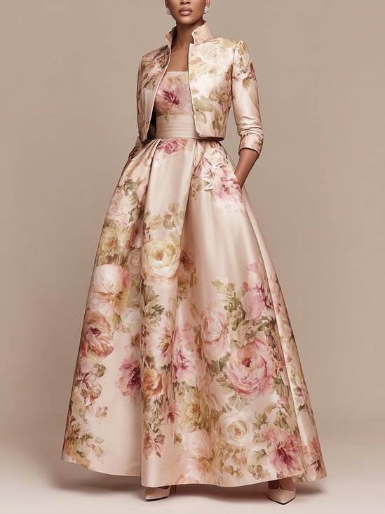 Elegant Floral Printing Stand Collar Maxi Dress With Coat