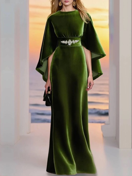 Elegant Plain Velvet Raglan Sleeves Crew Neck Maxi Dress