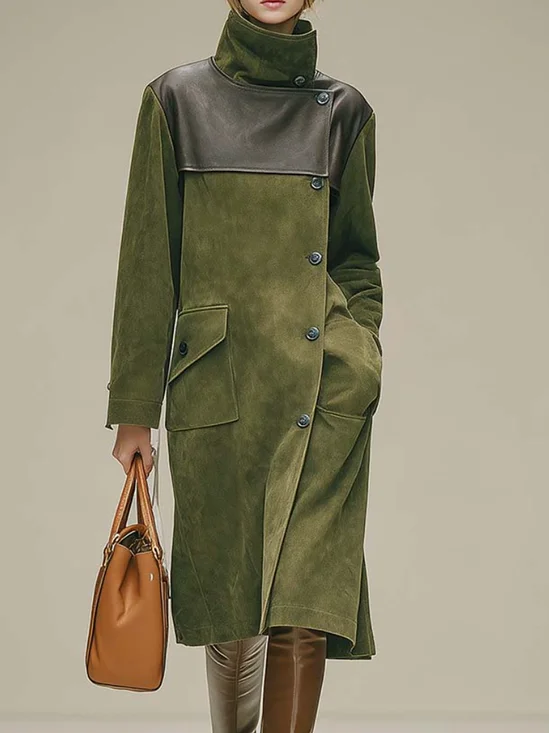 Urban Color Block Stand Collar Faux Leather Coat