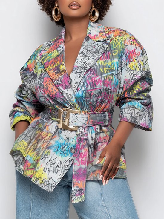 Casual Printing Graffiti Lapel Collar Jacket With Belt