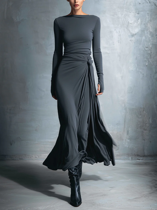 Urban Plain Knot Boat Neck Midi Dress