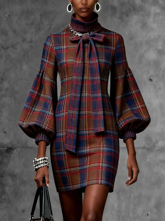 Urban Plaid Lace-up Stand Collar Mini Dress Belt