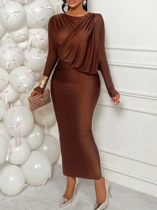 Elegant Plain  Ruched Crew Neck Midi Dress