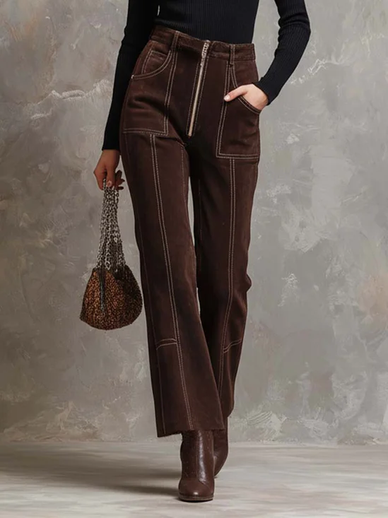 Suede Urban Plain Faux Leather Pants