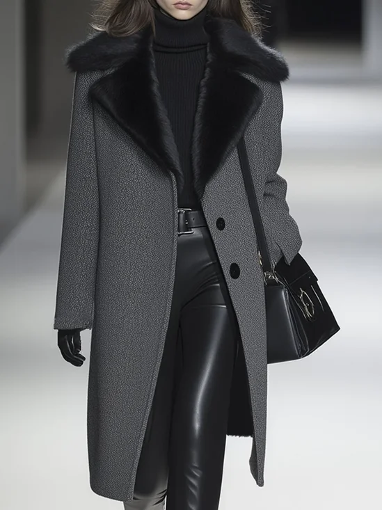 Urban  Fur Collar Color Block Shawl Collar Coat