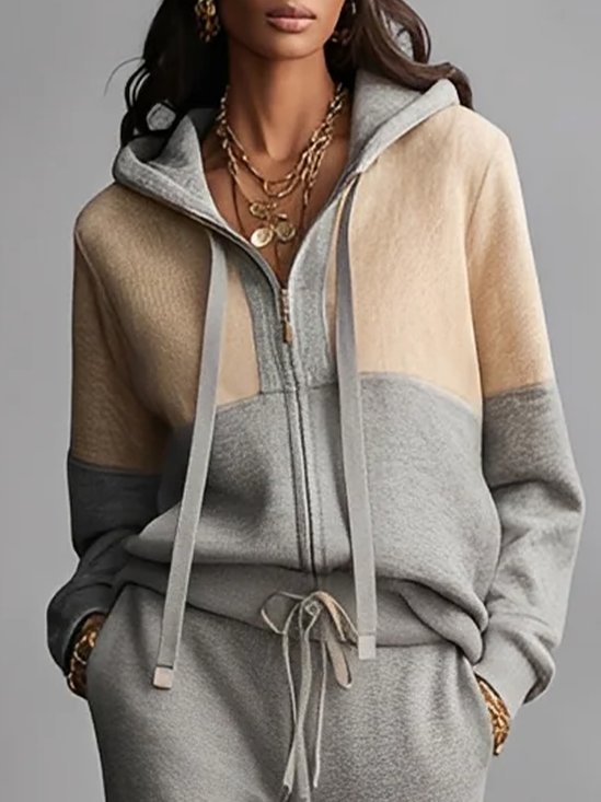 Casual Zipper Color Block Hoodie