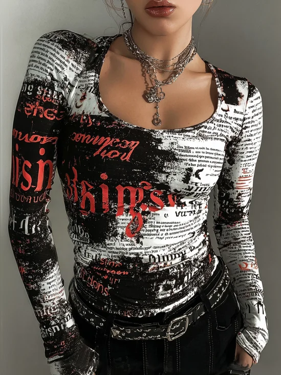 Urban Letter Pattern Printing Scoop Neck​ T-shirt